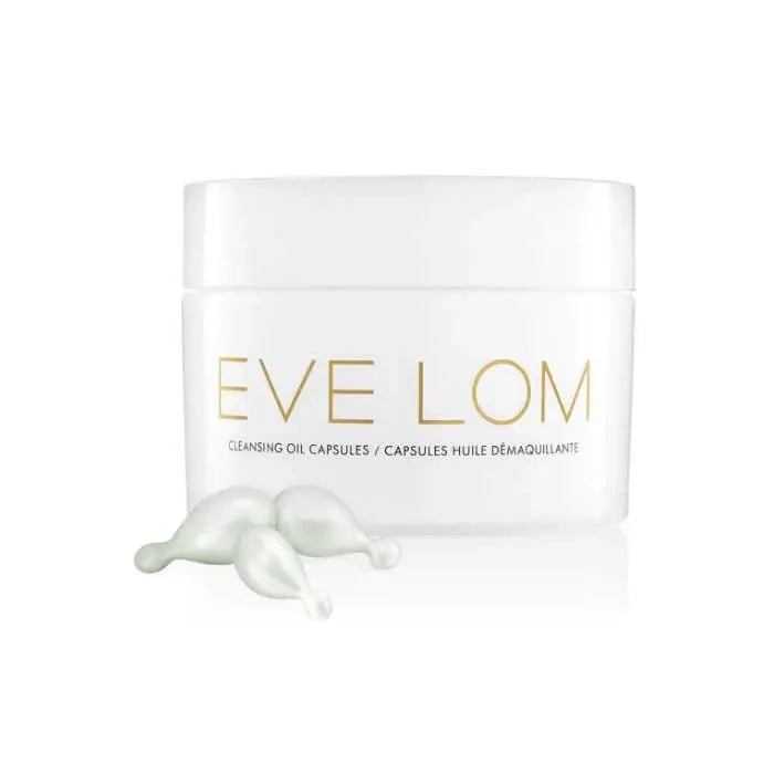 Eve Lom Cleansing Oil capsules by Jag Couture London and New York, shown in a close-up of the 50 capsule container.