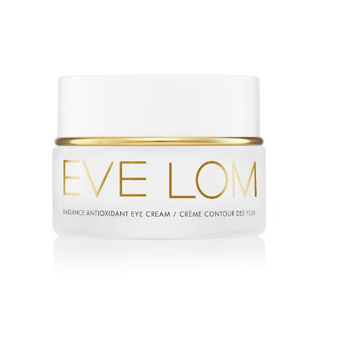 Eve Lom Raciance Antioxidant Eye Cream jar with silver lid and product label, displayed on a neutral background.
