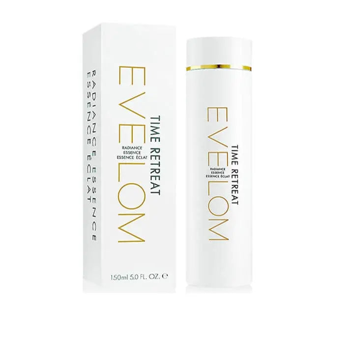 Eve Lom Time Retreat Radiance Essence Éclat 150ml bottle with a sleek container, showcasing luxurious skincare from Jag Couture London New York