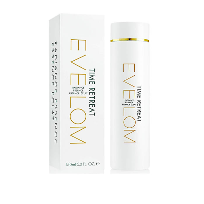 Eve Lom Time Retreat Radiance Essence Éclat 150ml bottle, clear skincare product with a white pump dispenser.