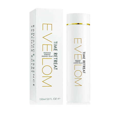 Eve Lom Time Retreat Radiance Essence Éclat 150ml bottle, clear skincare product with a white pump dispenser.
