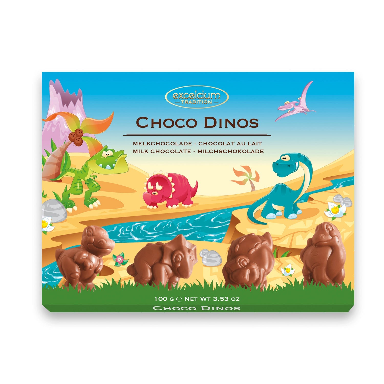 Jag Couture London - New York Excelcium solid milk chocolate dinosaur pieces in a carton, showcasing detailed chocolate dinosaur shapes.