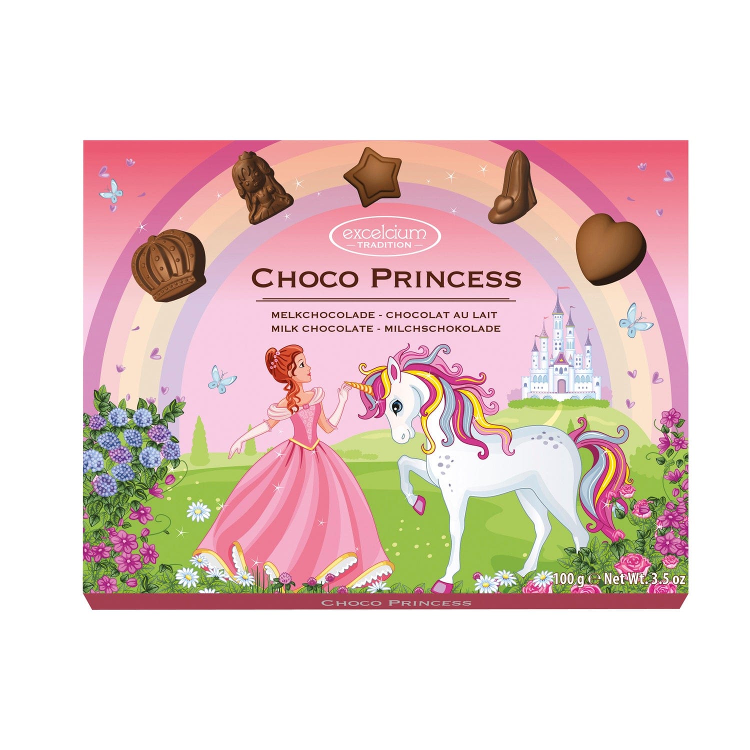 Solid milk chocolate Princess pieces by Jag Couture London - New York in a carton, featuring detailed princess-shaped chocolates.