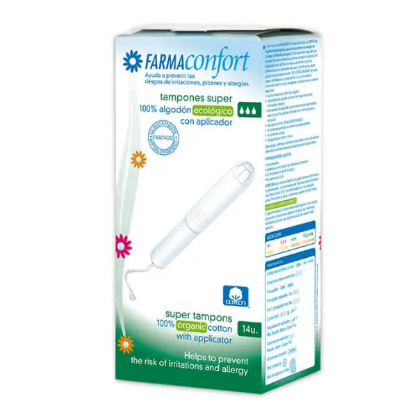 FarmaConfort cotton tampons with applicator, size super, 14 units, by Jag Couture London New York, shown in the image.