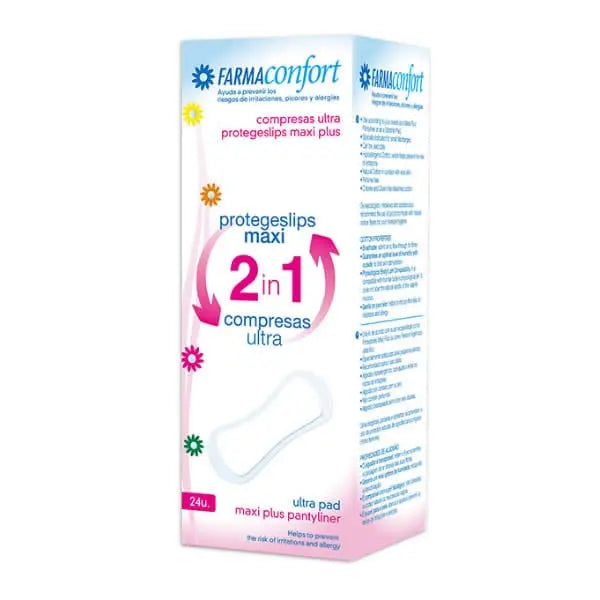 FarmaConfort Maxi 2in1 pantyliners by Jag Couture London - New York, 24 ultra-thin sanitary napkins on display.