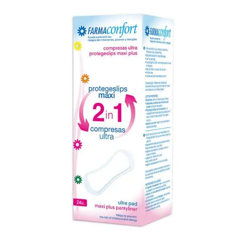 FarmaConfort Maxi 2in1 pantyliners by Jag Couture London - New York, 24 ultra-thin sanitary napkins on display.