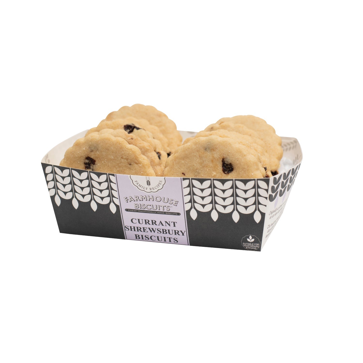 Farmhouse currant Shrewsbury biscuits in a tray by Jag Couture London New York, showcasing golden-brown biscuits with currants.
