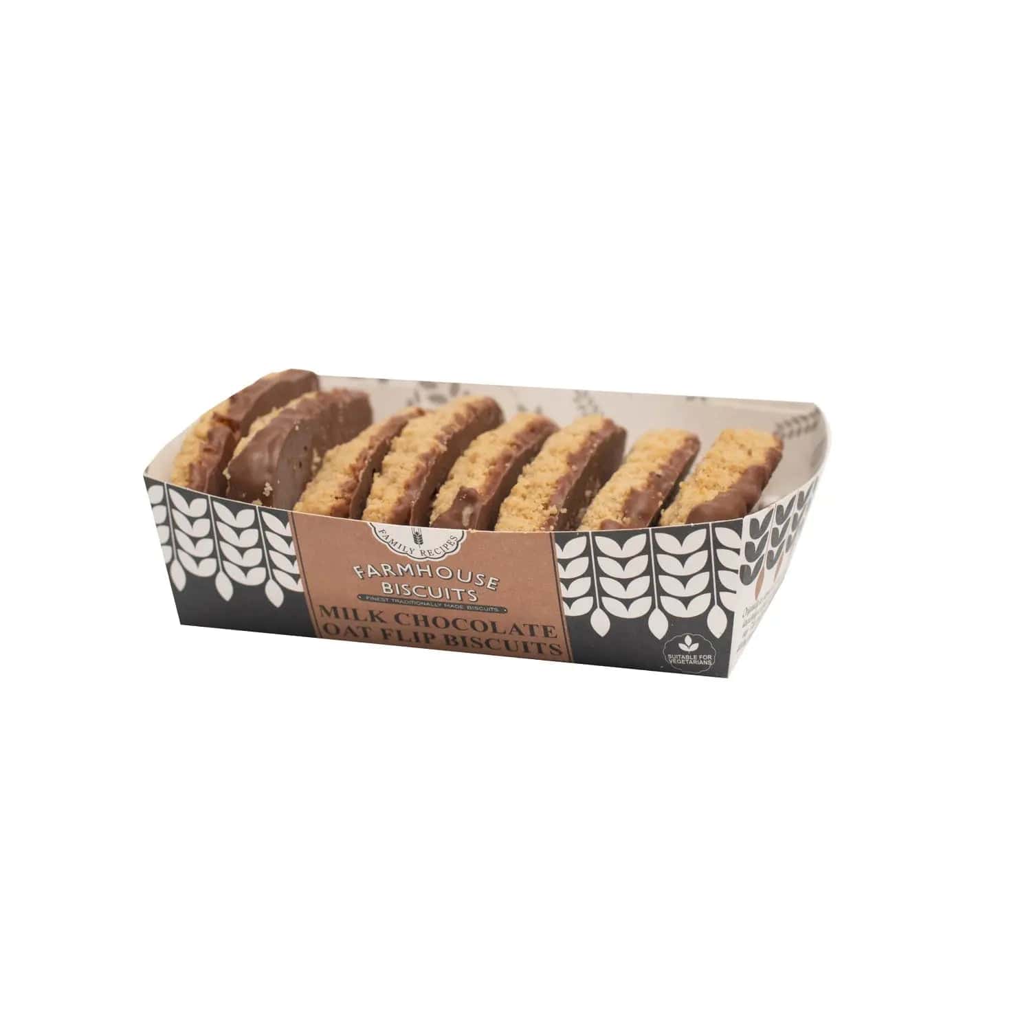 Farmhouse milk chocolate oat flip biscuits in a tray by Jag Couture London New York, featuring crispy oat and smooth milk chocolate.