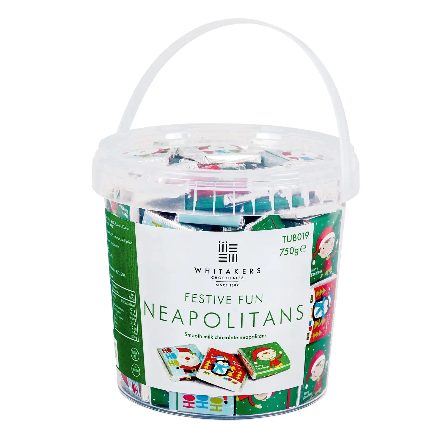 Festive fun solid milk chocolate Neapolitans in Christmas designs, presented in a tub, by Jag Couture London - New York.