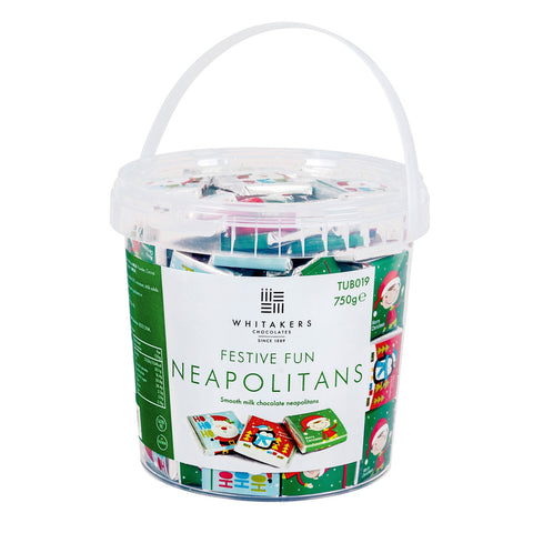 Festive fun solid milk chocolate Neapolitans in Christmas designs, in a 5g tub by Jag Couture London New York.