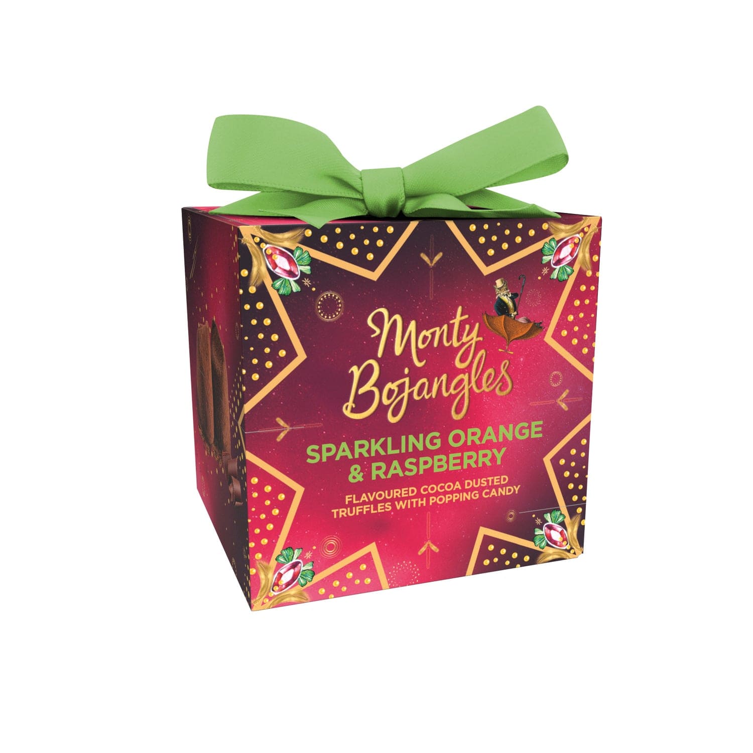 Festively enchanting gift box of Jag Couture London raspberry and orange cocoa truffles with popping candy, decorated with festive accents.