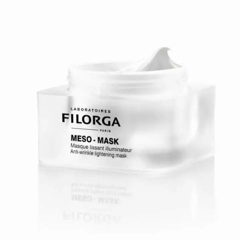 Filorga Meso-Mask anti-wrinkle and lightening mask in 50ml jar, featuring smooth, creamy texture and sleek packaging.