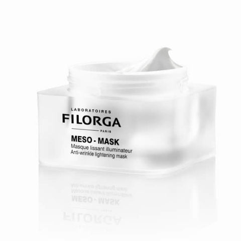 Jag Couture London New York Filorga Meso-Mask 50ml anti-wrinkle and lightening mask in a sleek jar with a silver lid.