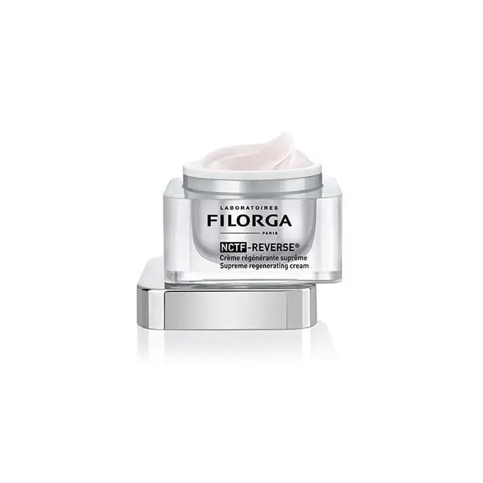 Filorga Ncef-Reverse Supreme Multicorrective Cream in 50ml jar, featuring a sleek container with a white lid and label, on a neutral background.