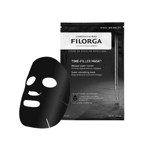 Jag Couture London-New York Filorga Time Filler Mask, a black super smoothing facial mask on a skincare model.