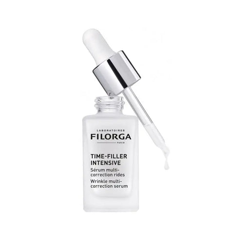 Filorga Time-Filler Wrinkle Multi-Correction Serum 30ml in a clear bottle with a pump dispenser, placed on a white background.