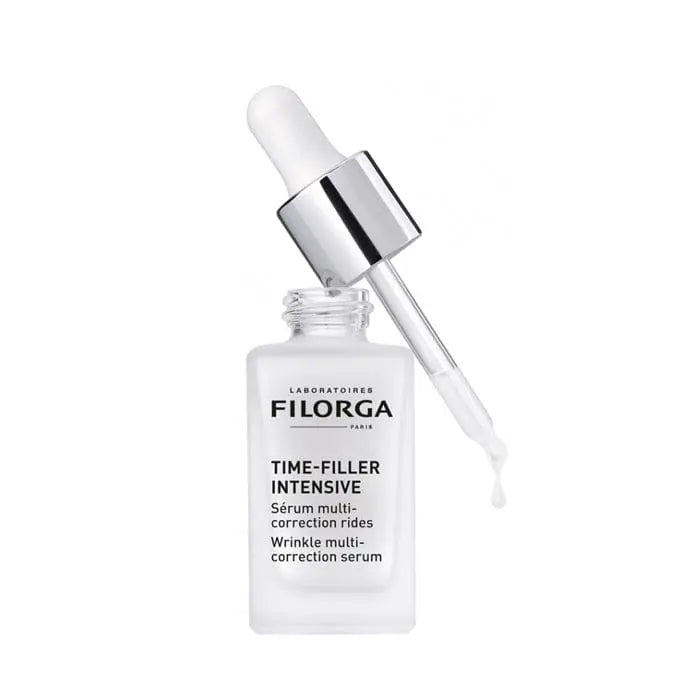 Filorga Time-Filler Wrinkle Multi-Correction Serum 30ml, clear bottle with dropper, displayed on a neutral background