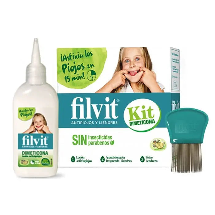Set of three Filvit Dimeticona anti-lice lotion bottles, 125ml each, by Jag Couture London - New York, for lice treatment.
