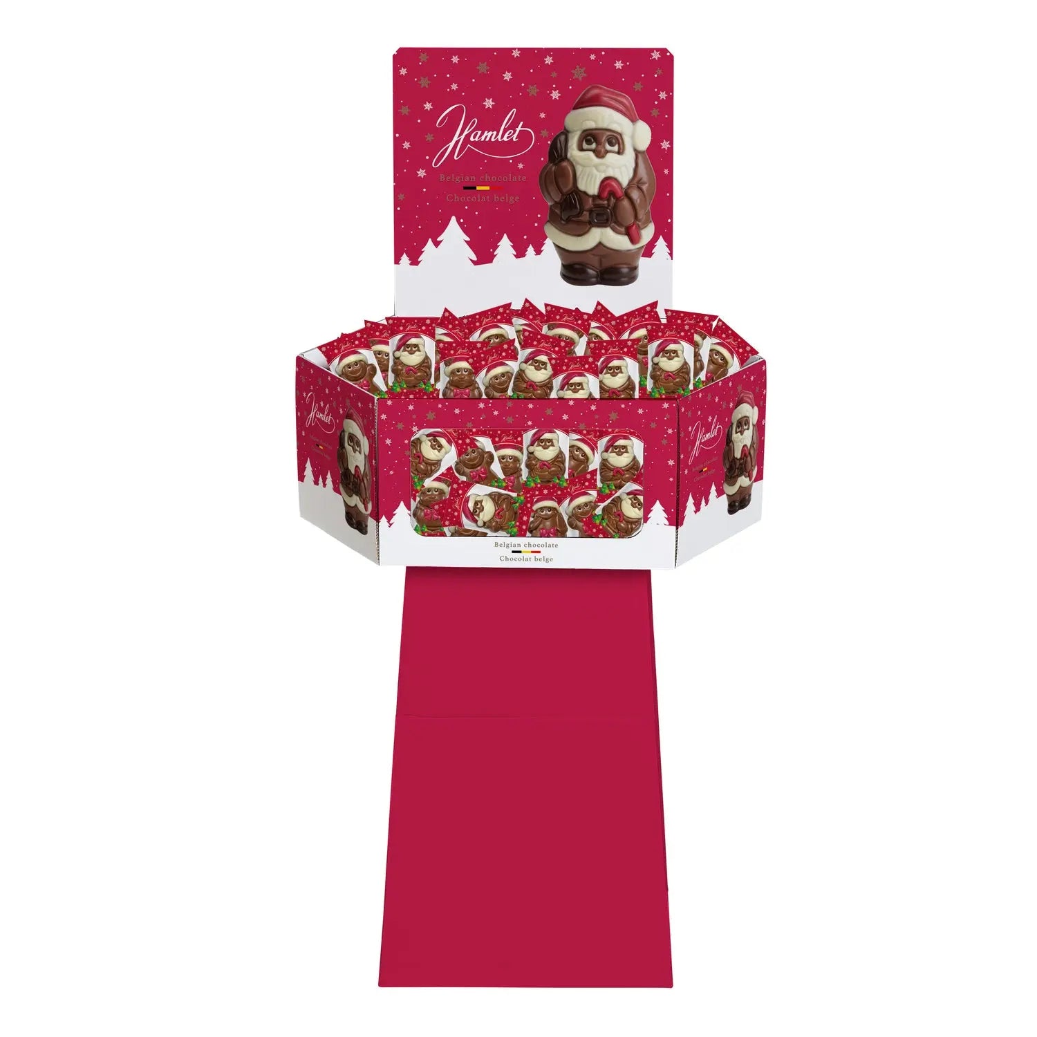Assorted hollow milk chocolate Christmas characters on a floor display by Jag Couture London New York in flowpack packaging.
