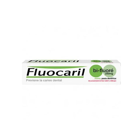 Fluocaril Bi-Fluoré 250mg toothpaste in 125ml tube, featuring a white packaging with blue accents, shown on a clean background.