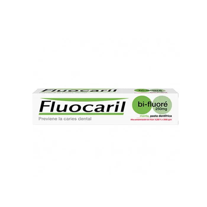 Fluocaril Bi-Fluoré 250mg toothpaste in a 125ml tube, displayed with packaging, on a clean surface.