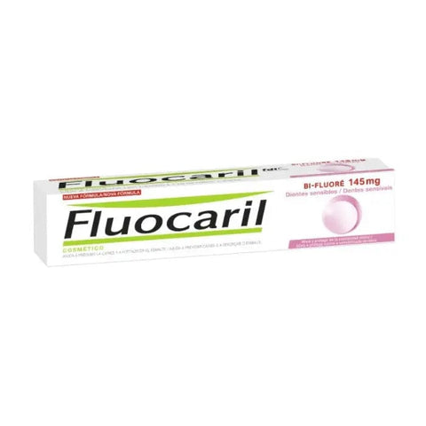Fluocaril Bi-Fluoré Sensitive Teeth Toothpaste in 75ml tube, designed for sensitive teeth, by Jag Couture London New York.