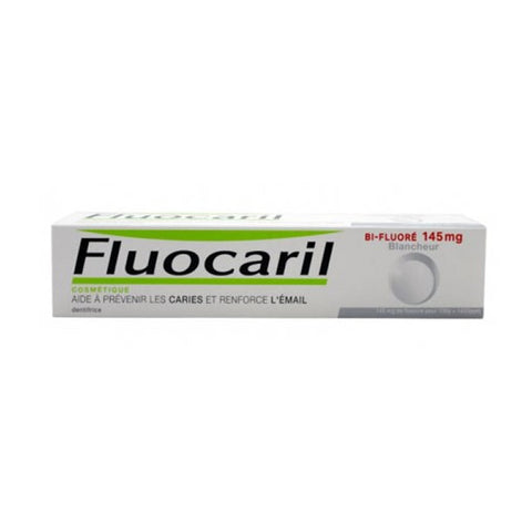 Jag Couture London New York Fluocaril Bi-Fluoré whitening toothpaste 75ml tube, showcasing the packaging and branding.