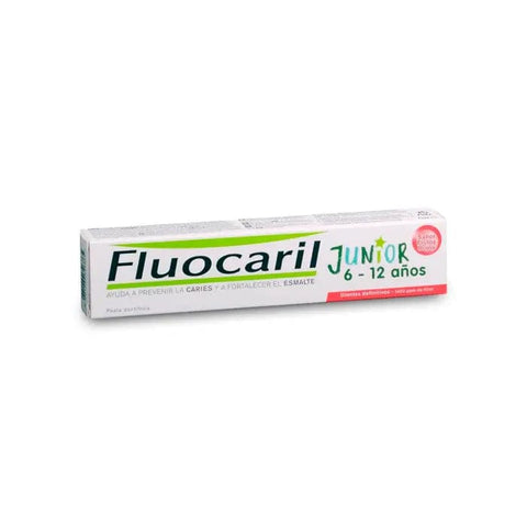 Fluocaril Junior Red Fruit Gel 75ml featuring a colorful tube designed for children's dental care by Jag Couture London New York