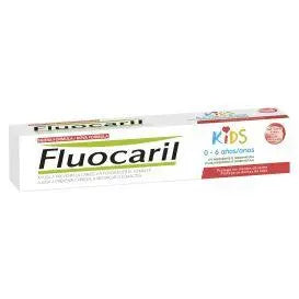 Fluocaril Kids strawberry-flavored toothpaste for ages 2-6 in a 50ml tube, with colorful packaging and playful design.