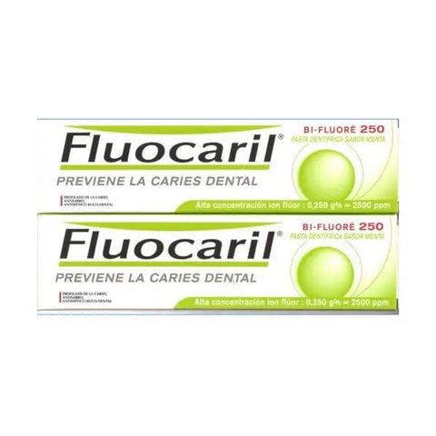 Fluocaril Mint Flavour Dental Paste by Jag Couture London New York, 2x125ml bottles for cavity prevention and fresh breath.