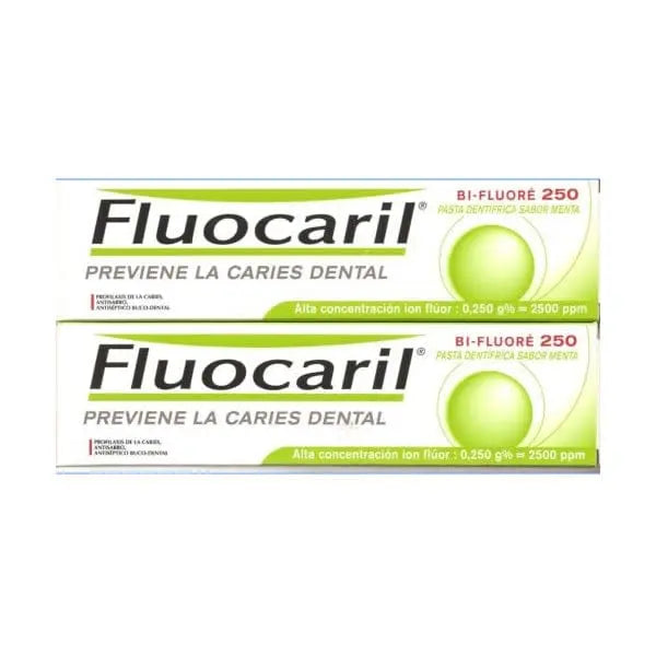 Jag Couture London - New York Fluocaril Mint Fluoride Toothpaste for cavity prevention, 2x125ml, fresh mint flavor.