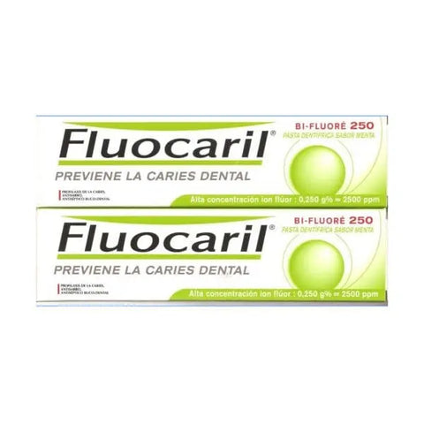 Jag Couture London - New York Fluocaril Mint Fluoride Toothpaste for cavity prevention, 2x125ml, fresh mint flavor.