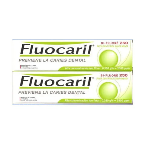 Fluocaril mint-flavored toothpaste for cavity prevention in 2x125ml tubes, featuring Jag Couture London - New York branding.