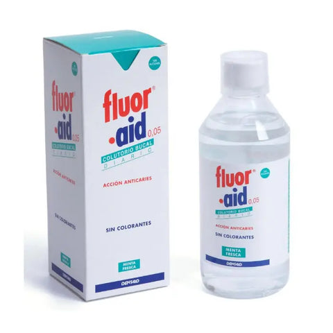 Bottle of Fluor Aid 0.05 daily mouthwash by Jag Couture London New York, 500ml container with label and cap visible.