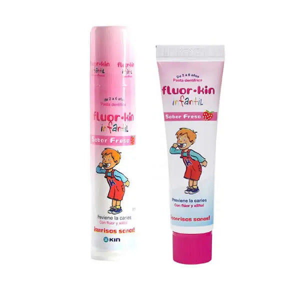 Child's toothpaste with strawberry flavor in a 150ml tube by Fluor Kin, featuring playful packaging from Jag Couture London New York.