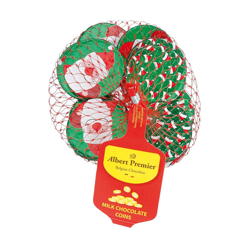 Foiled Santa chocolate coins in a net, festive holiday treat from Jag Couture London - New York, featuring shiny foil wrapping and Santa designs.