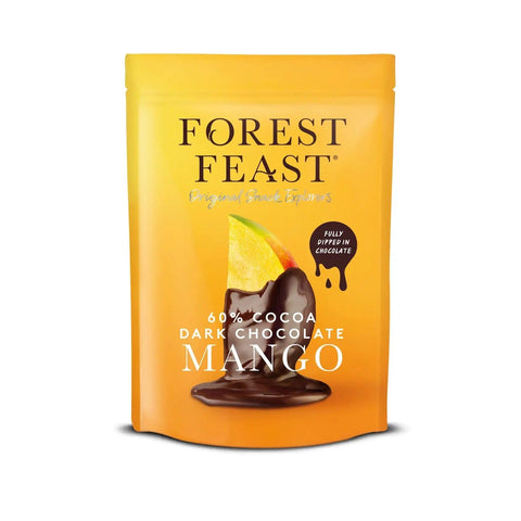 Forest Feast mango strips dipped in dark Belgian chocolate by Jag Couture London - New York, showing glossy chocolate coating on ripe mango slices.