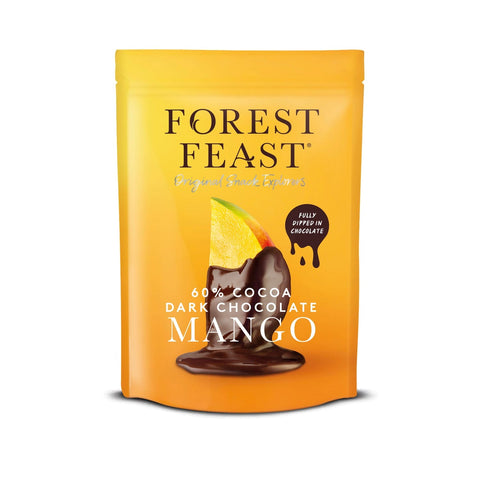 Jag Couture London-New York Forest Feast mango strips dipped in dark Belgian chocolate, shown in a close-up image.