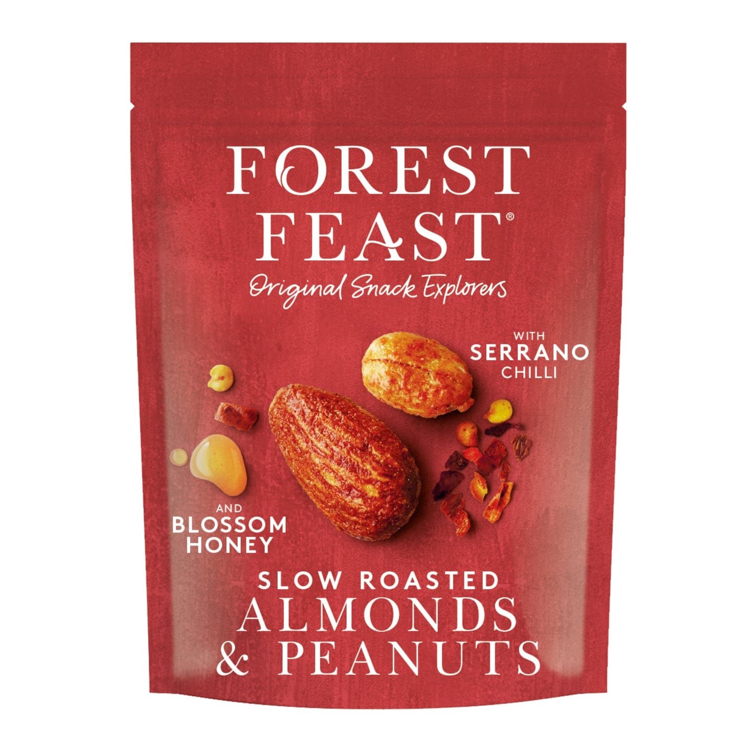 Jag Couture London Forest Feast Serrano chilli honey peanuts and almonds in a pouch, tasty snack with spicy and sweet flavors.