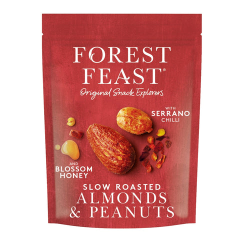 Jag Couture London Forest Feast Serrano chilli honey peanuts and almonds in a pouch, tasty snack with spicy and sweet flavors.