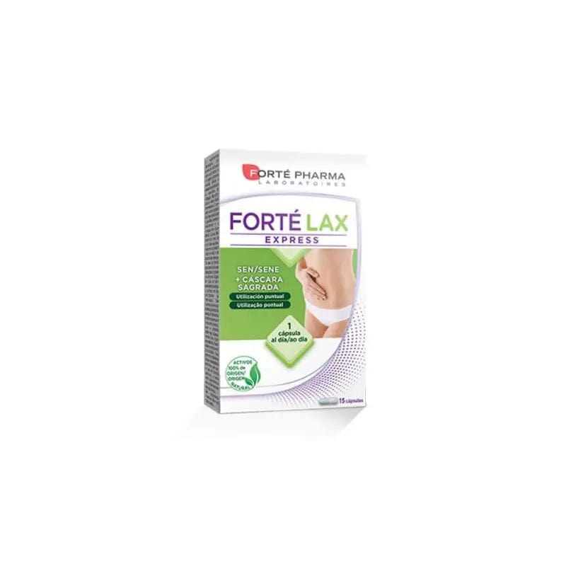 Forté Pharma Forte Lax Express 15 capsules bottle, white and orange packaging, with capsules visible in a clear container.