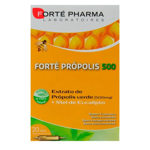 Forté Pharma Forté Própolis 500mg 20 ampules, dietary supplement with natural propolis, shown in glass ampules on a white background.