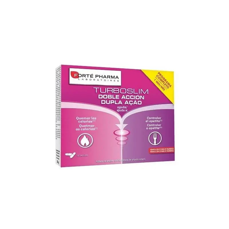 Forté Pharma Turboslim Double Action dietary supplement capsules by Jag Couture London New York, 56 capsules visible in the image.