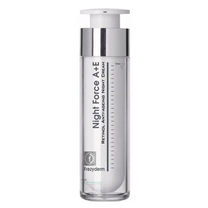 Frezyderm Night Force A+E Retinol Anti-Aging Night Cream in 50ml jar, designed for youthful skin renewal and anti-aging benefits.