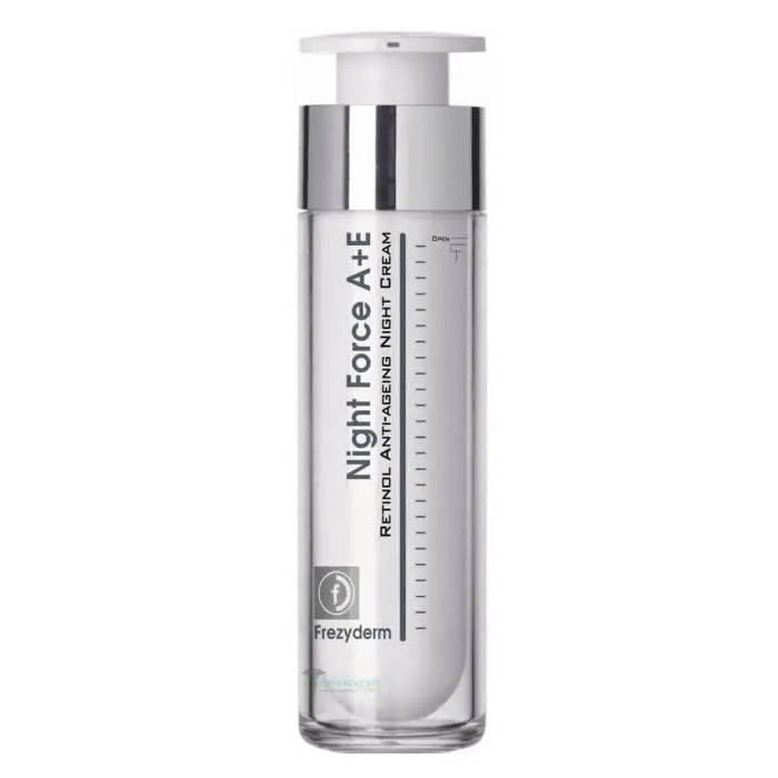 Frezyderm Night Force A+E Retinol Anti-Aging Night Cream in 50ml jar, designed to reduce wrinkles and improve skin renewal.
