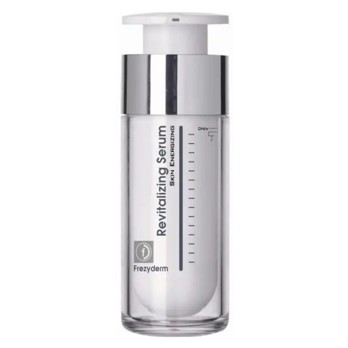 Frezyderm Revitalizing Serum 30ml in a sleek bottle, displayed on a neutral background, highlighting skincare product design.