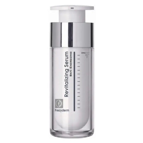 Frezyderm Revitalizing Serum 30ml in a sleek bottle, displayed on a neutral background, highlighting skincare product design.