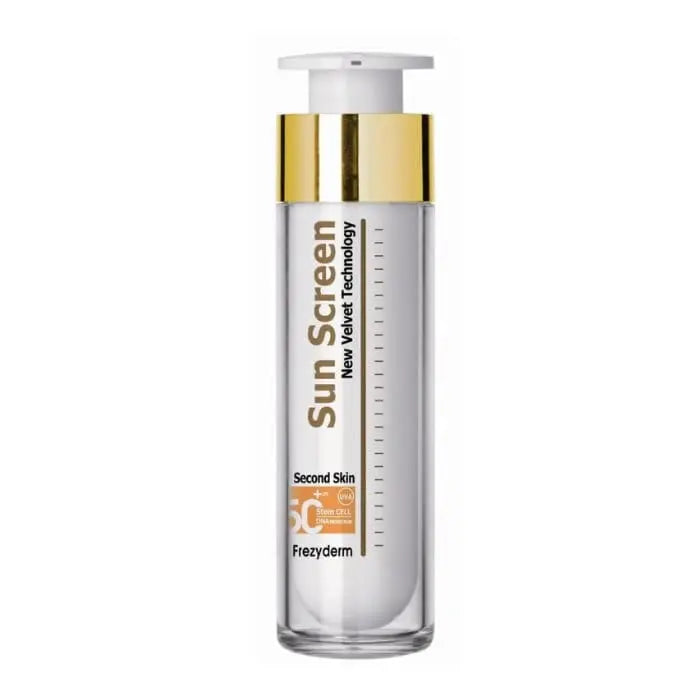 Frezyderm Sun Screen Velvet Face water-resistant SPF 50+ in 50ml bottle, protecting and smoothing facial skin.