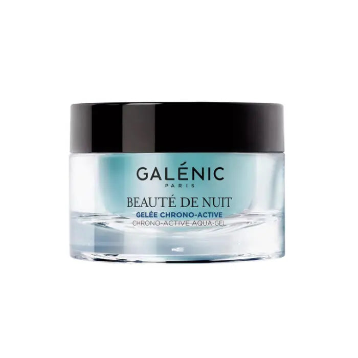 Galenic Beauté De Nuit Chrono Active Aqua Gel 50ml, hydrating night gel in a sleek container, designed for luminous skin.