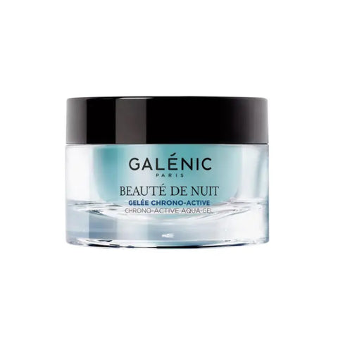 Galenic Beauté De Nuit Chrono Active Aqua Gel 50ml, hydrating night gel in a sleek container, designed for luminous skin.